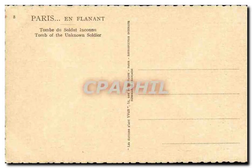 Tumba do Soldado Desconhecido — Paris — Éditions d'Art Yvon - Verso