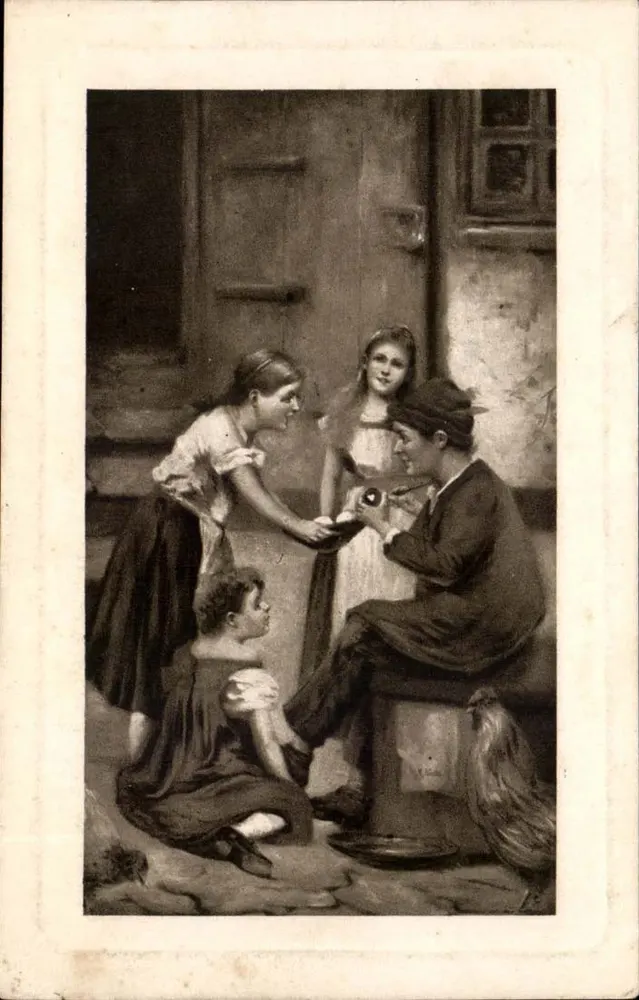 Junge Mädchen und ein Mann mit einem Hahn — W. R. & Co. Wien — Serie Nr. 295 - Vorderseite