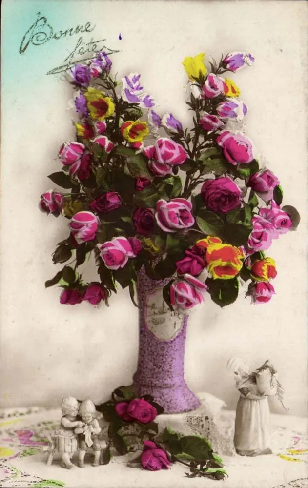 Bouquet farbiger Rosen — dekorativer Vase — anonymer Verleger - Vorderseite