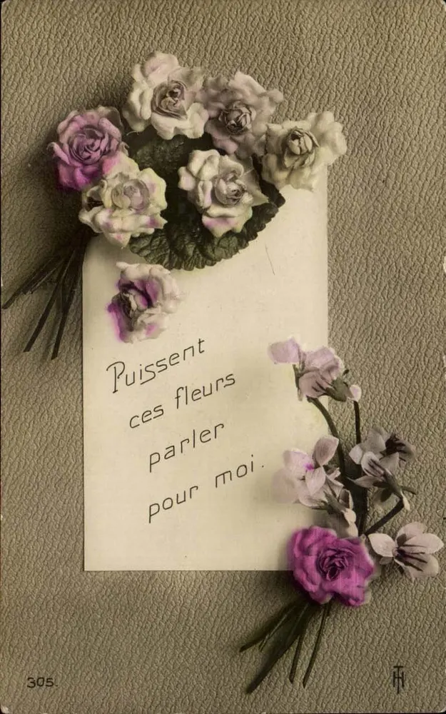 Blumenstrauß aus Rosen und Blumen — gedruckter Text 'Mögen diese Blumen für mich sprechen.' — Verlag TH, Nr. 305 - Vorderseite