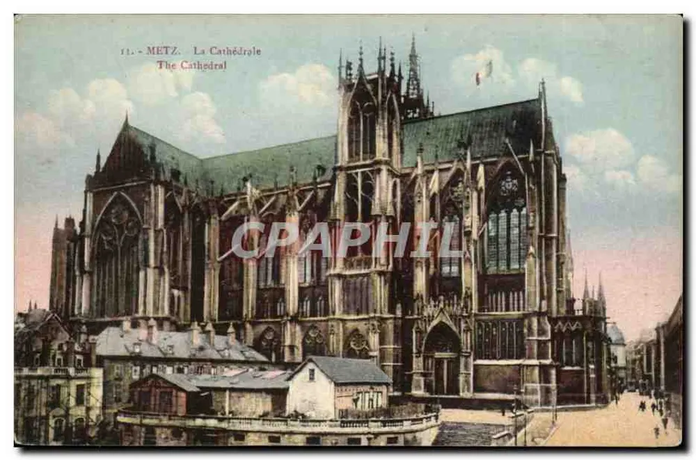 Metz - A Catedral — vista do edifício gótico com bandeira francesa — editor Ch. Bergeret, Strasbourg - Frente