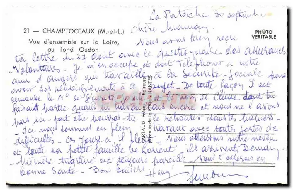 Übersicht der Loire, im Hintergrund Oudon — CHAMPTOCEAUX (M.-et-L.) — Verlag CARTAUD Frères, NANTES - Rückseite