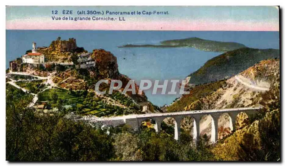 Èze (alt. 350m.) — Panorama und Cap-Ferrat. Ansicht der Grande Corniche - LL - Vorderseite
