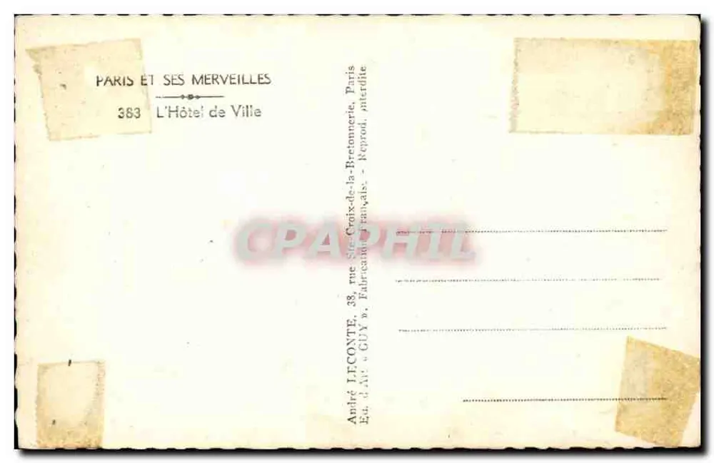 O Hôtel de Ville — Paris — editor André LECONTE, n° 383 - Verso