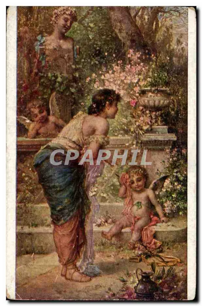 Cupidone stanco — scena di giardino con Cupido e una donna — editore Klio, n° 632 - Recto