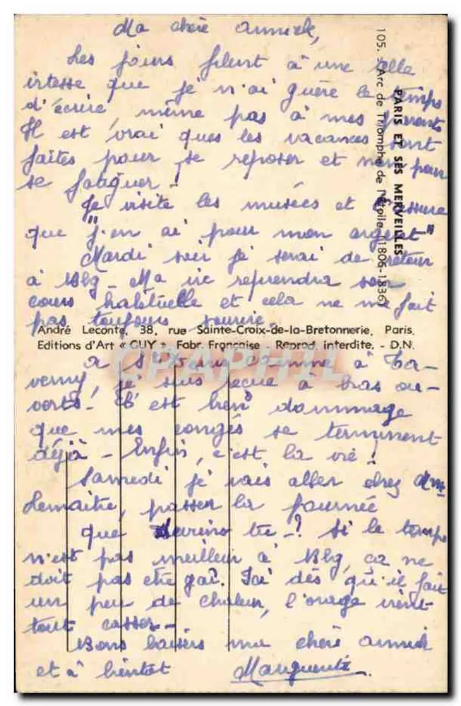 Arco do Triunfo — Paris — Editor Guy, n° 105 - Verso