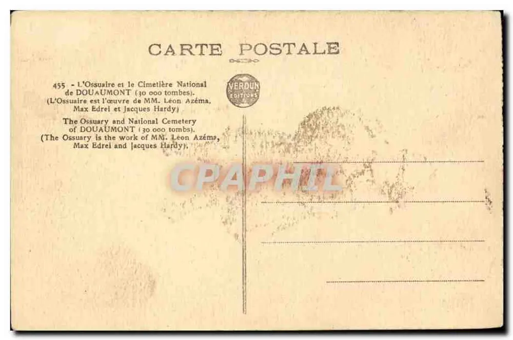 Ossuar und Nationalfriedhof von Douaumont — Werk von Herrn Léon Azéma und Jacques Hardy — Ausgabe Verdun - Rückseite