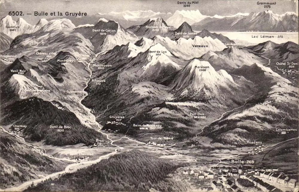 Bulle und die Gruyère — Panoramablick auf die Berge — Photo-type Co, Neuchâtel - Vorderseite