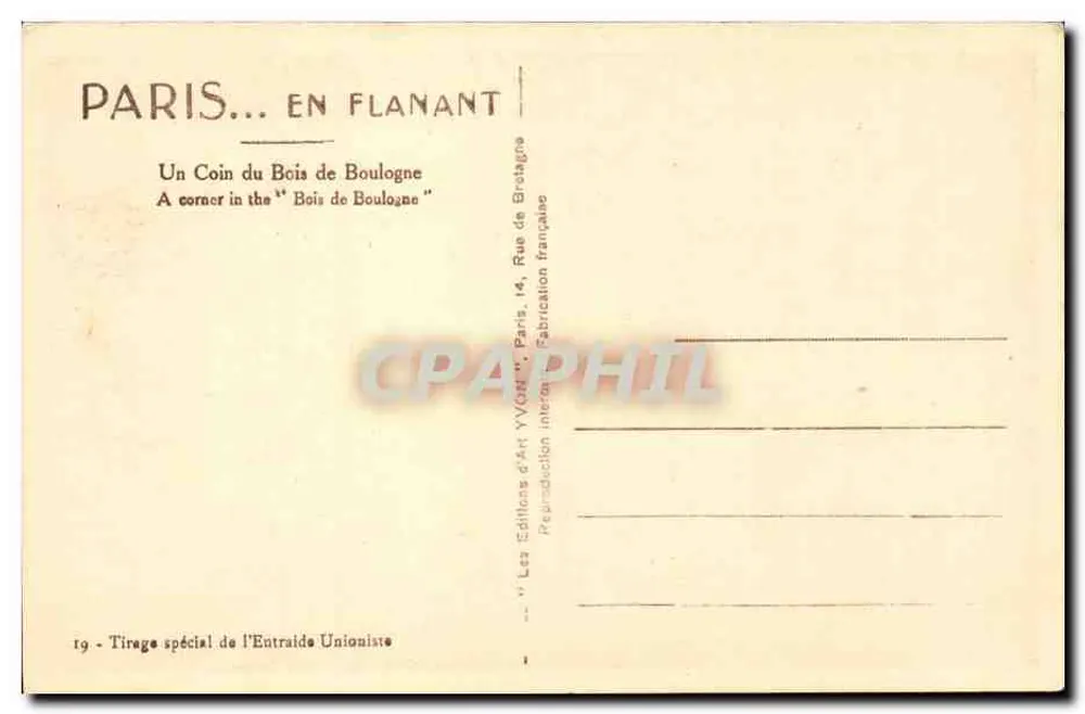 Bois de Boulogne — Ein Eck des Bois de Boulogne — Éditions d'Art Yvon, n°19 - Rückseite