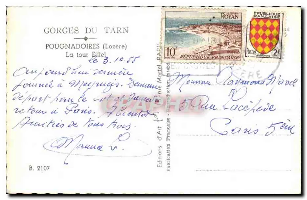 Gorges do Tarn — A Torre Eiffel — Éditions d'Art Française, B. 2107 - Verso