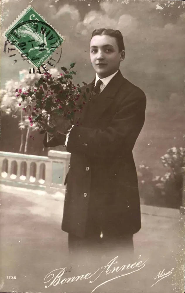 Jungmann in Anzug — mit Blumenstrauß — Verlag Massel, Nr. 1736 - Vorderseite