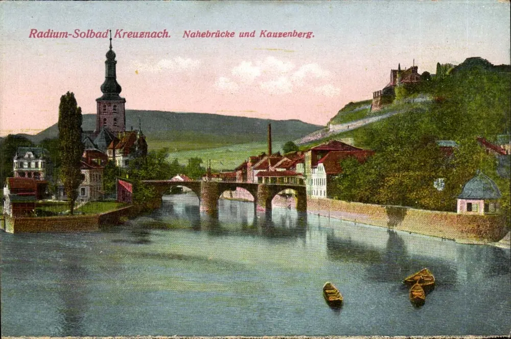 Kreuznach — Radium-Solbad, Nahebrücke und Kauzenberg — Foto und Verlag: Ph. Dones & Söhne, Rad Kreuznach - Vorderseite