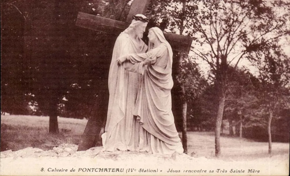 Calvaire de Pontchâteau — 4. Station — Jesus trifft seine heiligste Mutter — Verleger J. Noz. 18, Av. du Coteau, Nantes - Vorderseite