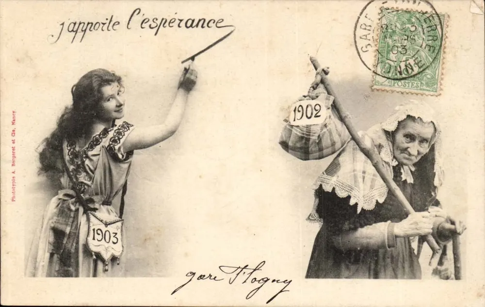 Ich bringe Hoffnung — Szene mit zwei Frauen und Daten 1902 und 1903 — Phototypie A. Bergéret et Cie, Nancy - Vorderseite