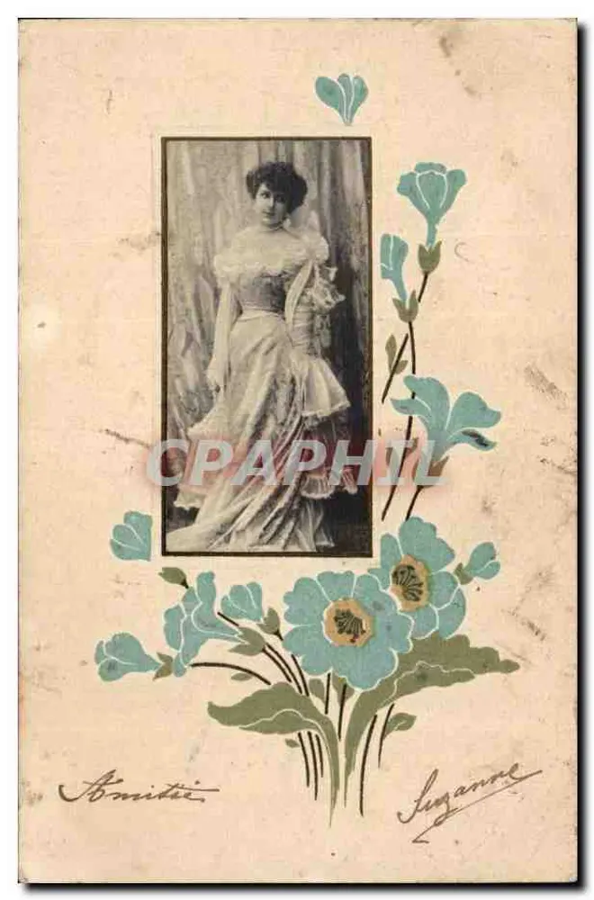 Mulher em vestido elegante — decoração floral azul — editor Suzanne, n°5.403 - Frente