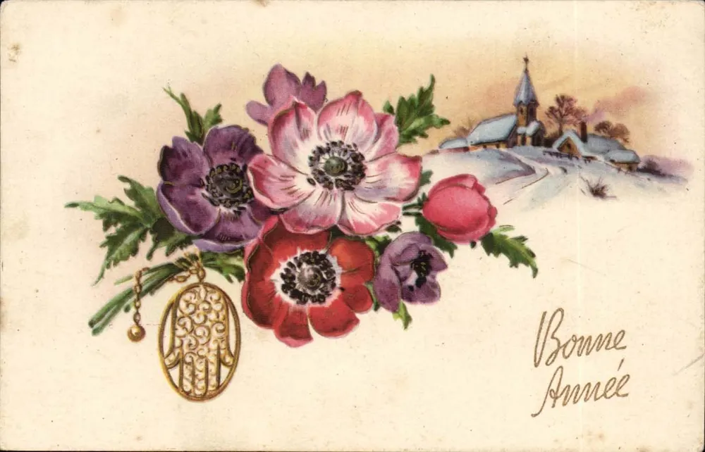 Anemonenblüten und Amulett — Winterlandschaft mit Kirche — Verlag HAMEL, Paris, Nr. 113 - Vorderseite