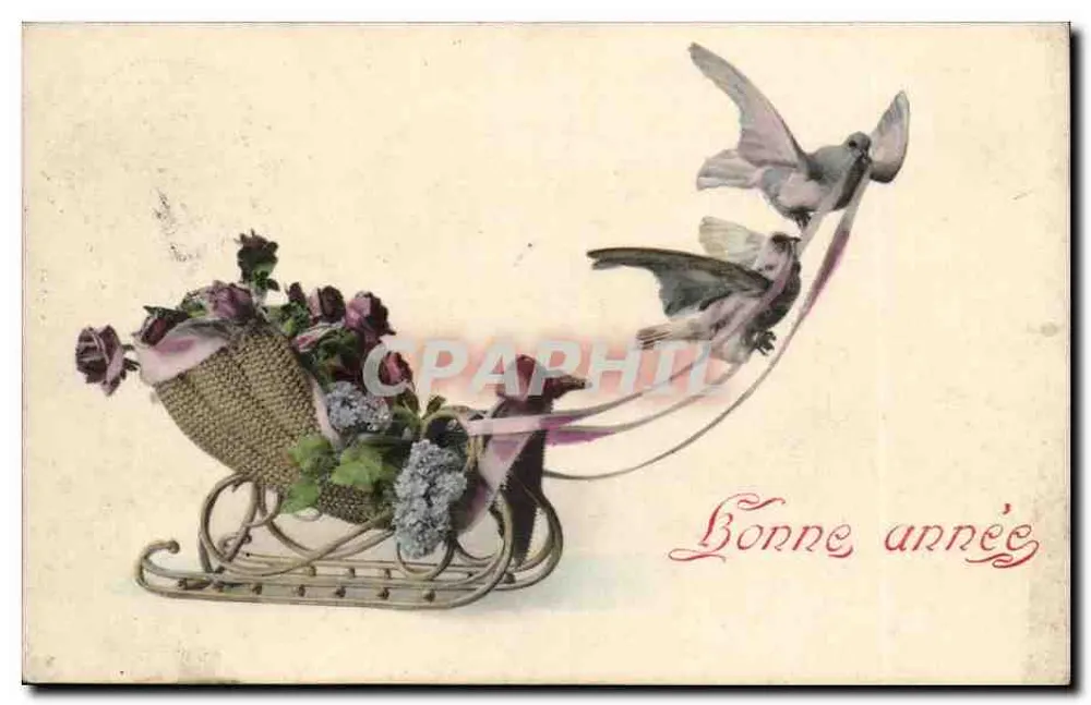 Schlitten mit Blumen und Vögeln — Frohe Neujahr — A.S. Serie 381 - Vorderseite