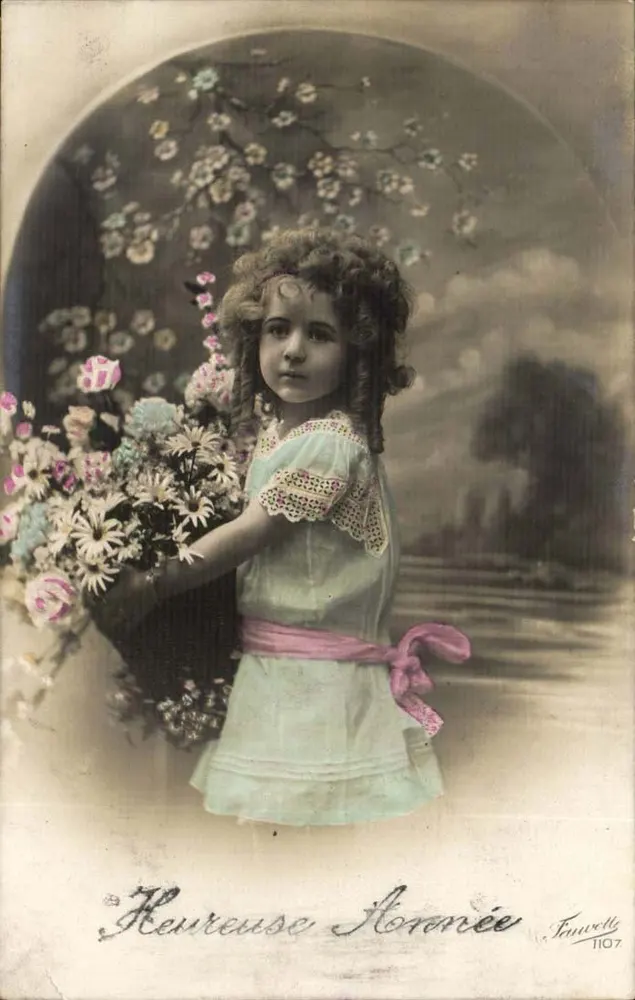 Mädchen mit Blumenbouquet — Frohe Neujahr — Fauwelly 1107 - Vorderseite