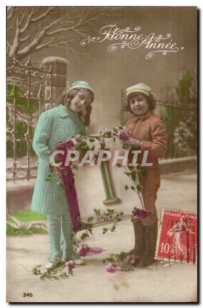 Zwei Kinder mit Blumengirlande — Frohe Weihnachten — Verleger: Paris, Nr. 346 - Vorderseite