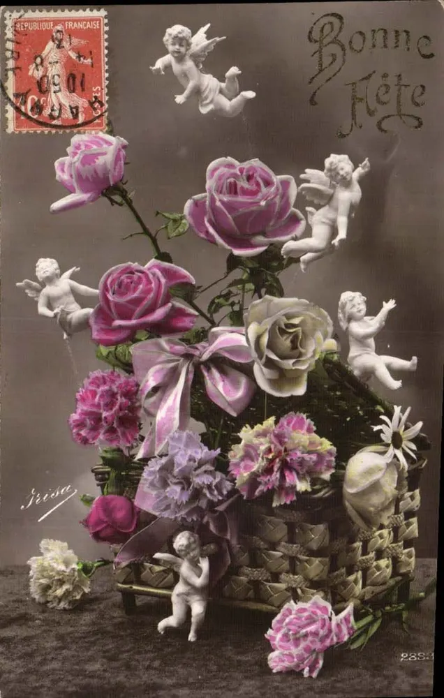 Blumenstrauß aus Rosen und Blumen — mit Engeln — Verlag Jicisa, n° 2853 - Vorderseite