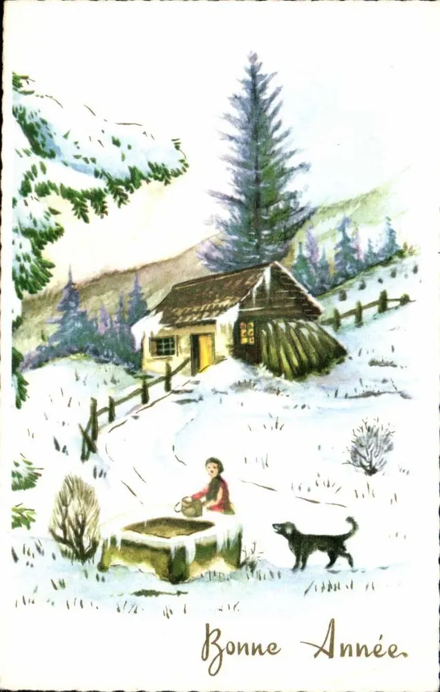 Winterlandschaft mit Hütte — Frohe Weihnachten — Druckerei H. NAMIS, Paris, Nr. 3974 - Vorderseite
