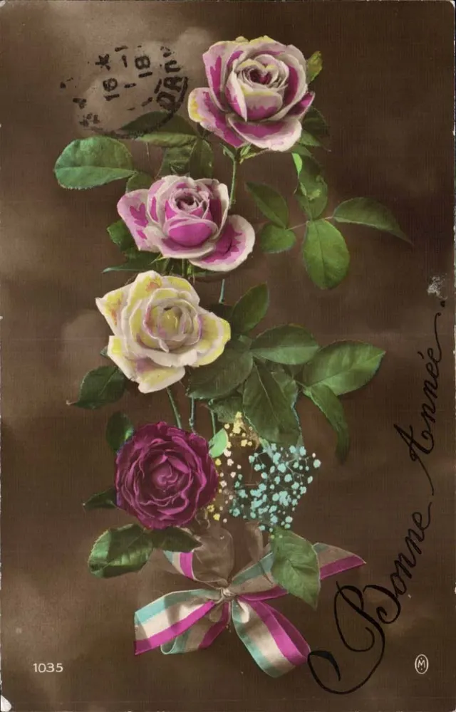 Rosengesteck — Frohe Neujahr — Verlag M, Nr. 1035 - Vorderseite