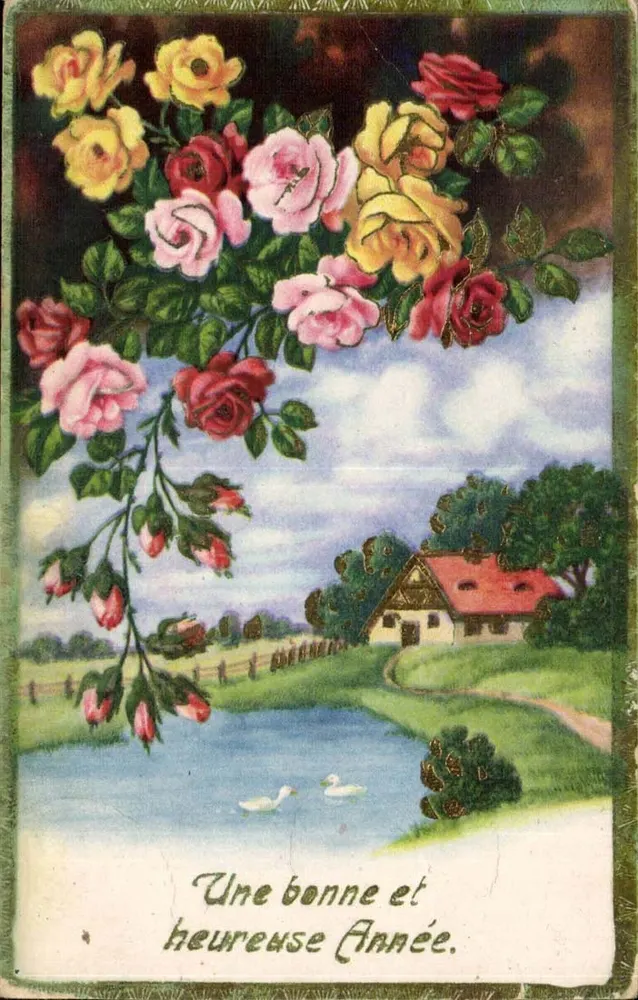 Farbige Rosen — Landschaft mit Haus und Teich — Text 'Eine gute und glückliche Neujahrszeit.' - Vorderseite
