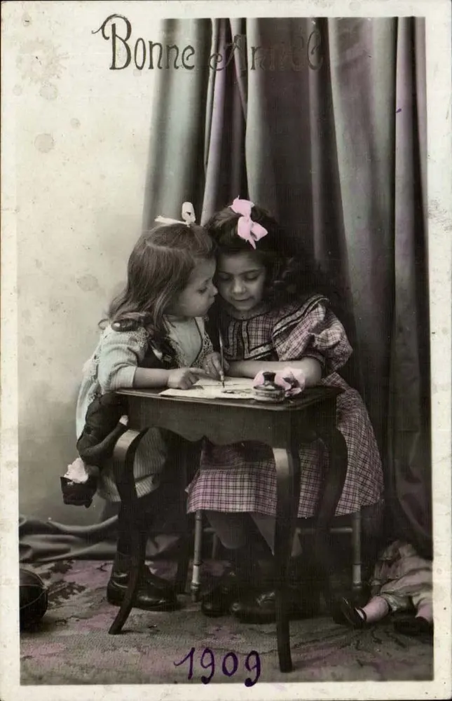 Zwei junge Mädchen — 1909 — Frohe Weihnachten - Vorderseite