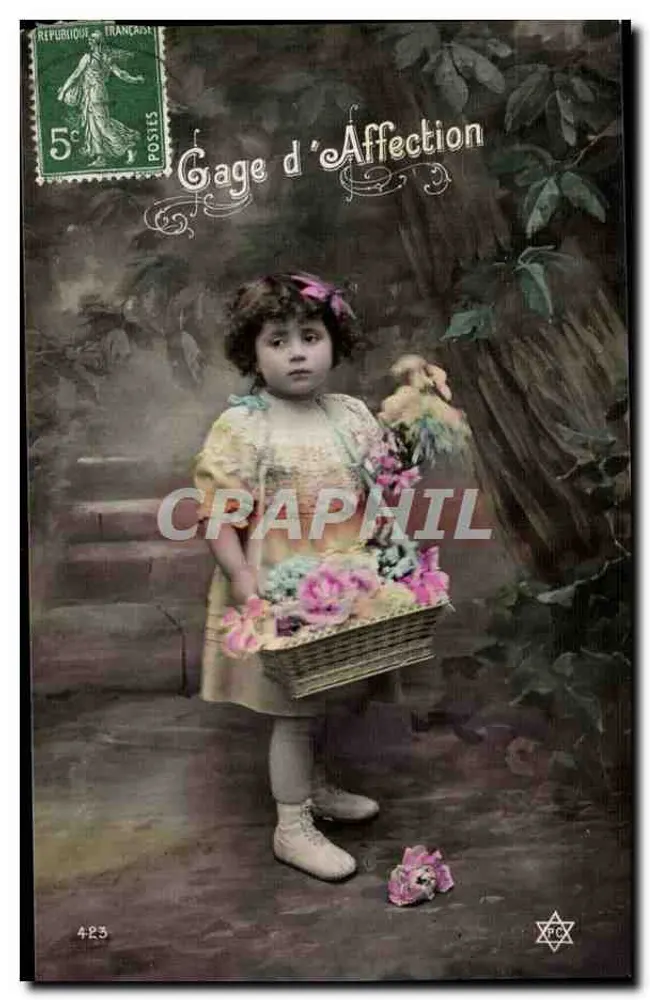 Menina segurando um cesto de flores — Gage d'Affection — editor não identificado, n° 423 - Frente