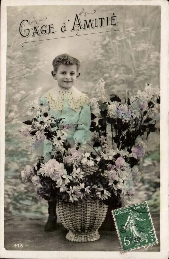 Kind mit Blumenstrauß — Zeichen der Freundschaft — Verlag 413 - Vorderseite