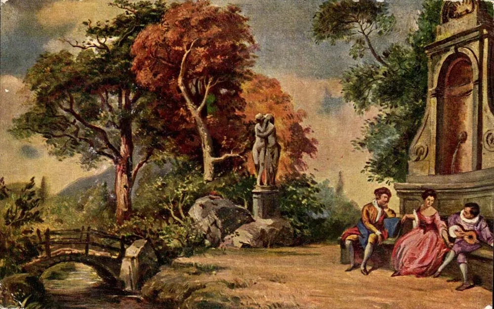 रोमांटिक बगीचे की दृश्य — प्रेम की मूर्ति और संगीतकार — आईमिटेशन डिपिंटो एड ओलियो ब्रेवेटो एस.ए. मिलानो, नंबर 647 - आगे