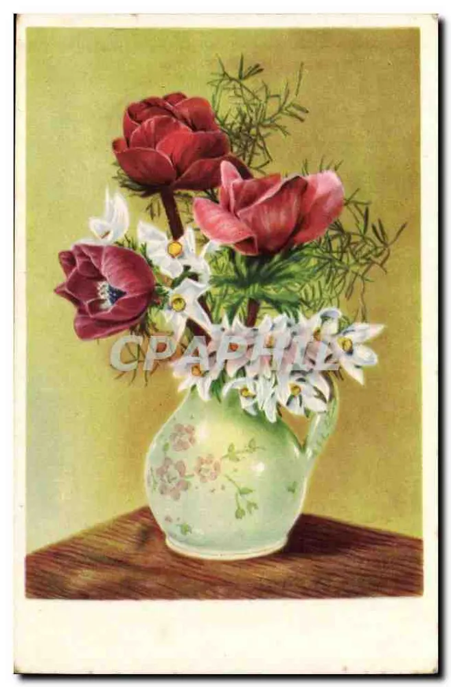 Blumenstrauß — Anemonen und Schneeanemonen — in einem dekorierten Vase — Verleger nicht sichtbar - Vorderseite