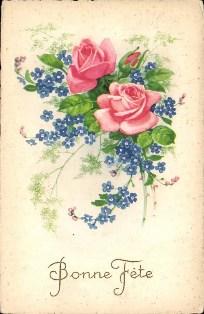 Bouquet aus Rosen und blauen Blumen — Frohe Geburtstagskarte — Verlag SBW PARIS, Nr. 352 - Vorderseite