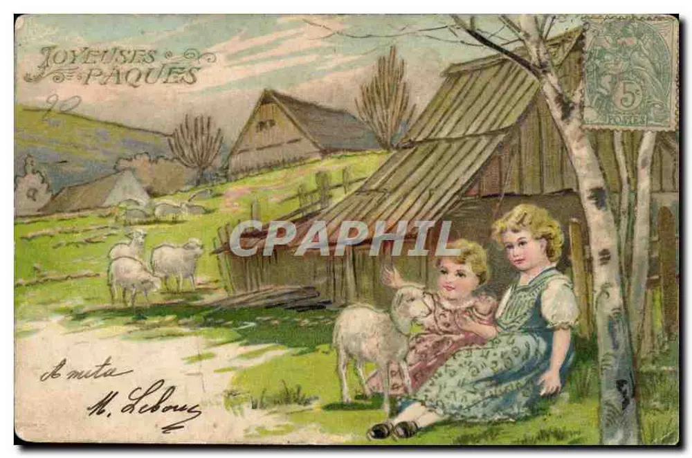 Zwei Kinder mit Schafen — ländliche Szene — Verlag M. Goldiètdruck, Nr. 40 - Vorderseite
