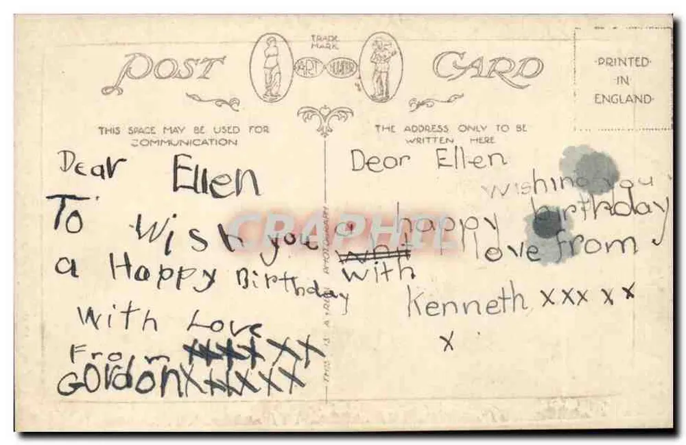 Mädchen mit Blumen — Geburtstagskarte — In England gedruckt - Rückseite