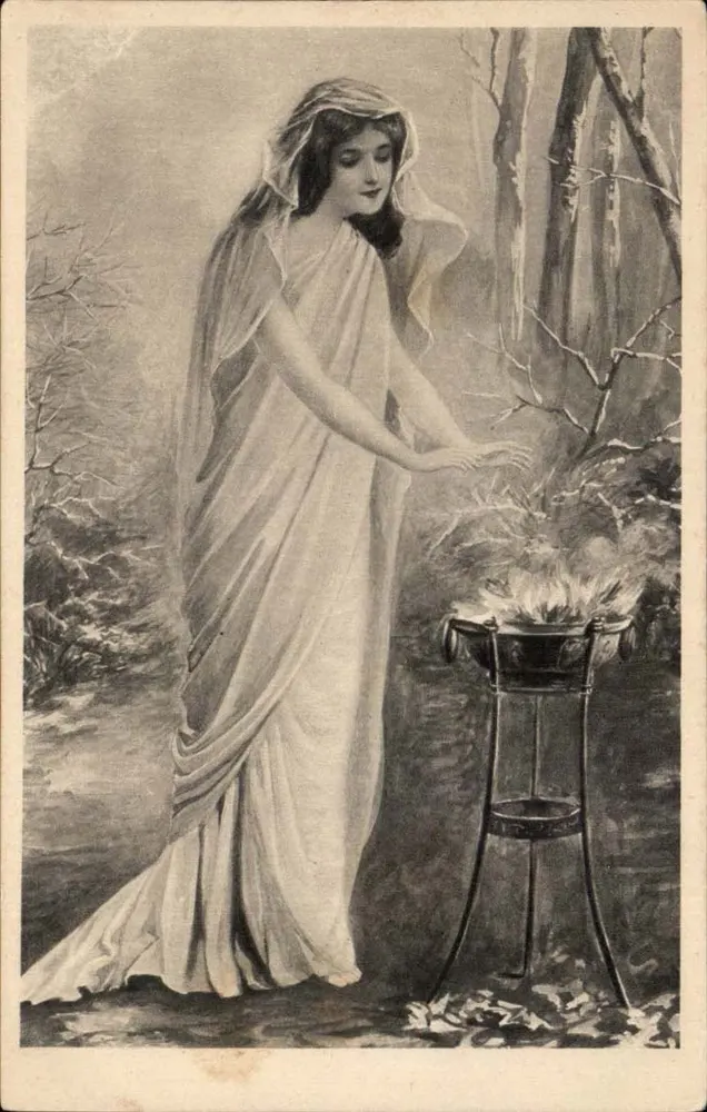 Frau in einem antiken Kleid nahe am Feuer — Illustration — Verlag nicht sichtbar - Vorderseite