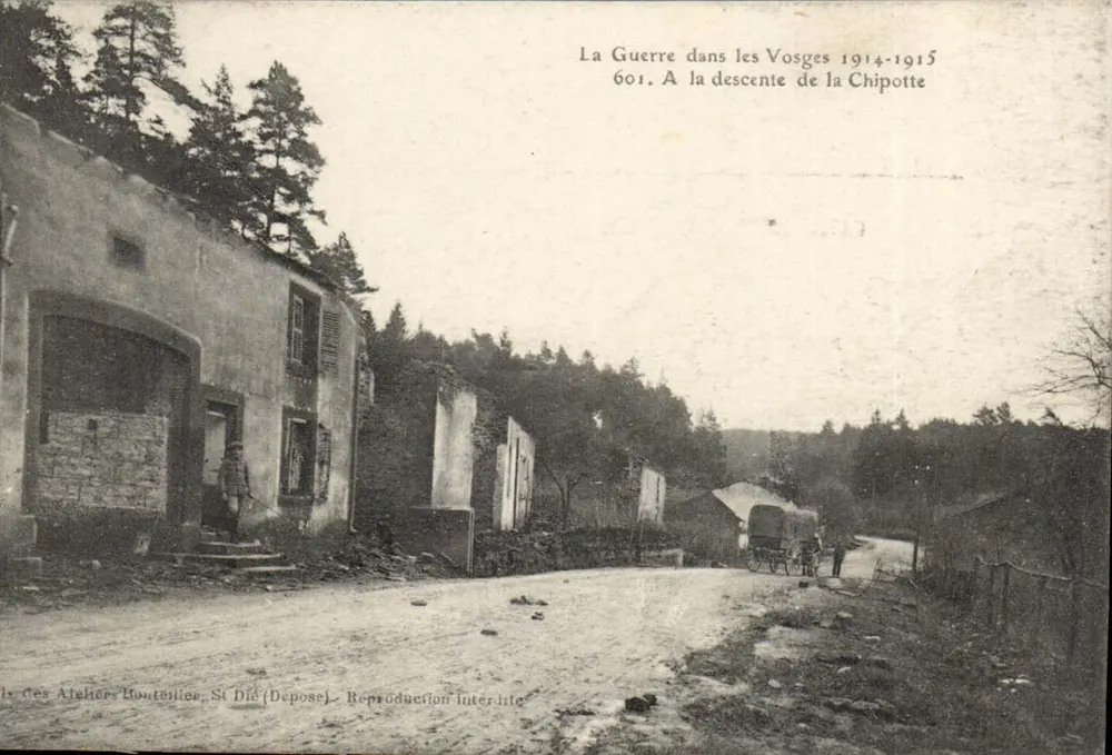 Der Krieg in den Vosges 1914-1915 — Bei der Abfahrt der Chipotte — Ateliers Bouteiller, St Die (Depot) - Vorderseite