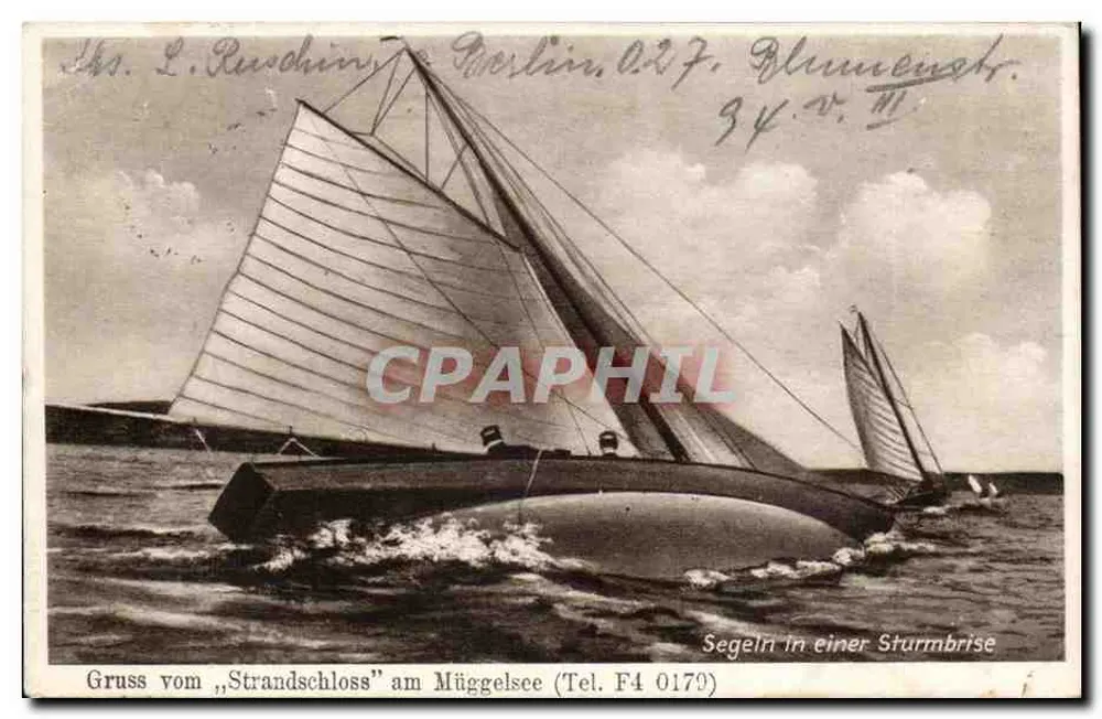 Segeln in einer Sturmbrise — Gruss vom „Strandschloss“ am Müggelsee (Tel. F4 0179) - Vorderseite
