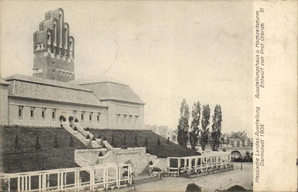 Hessische Landesausstellung Darmstadt 1908 — Ausstellungshaus und Landeszeitsturm — Verlag Vereinigte Kunstdruckereien Metz & Lautz G.m.b.H. - Vorderseite