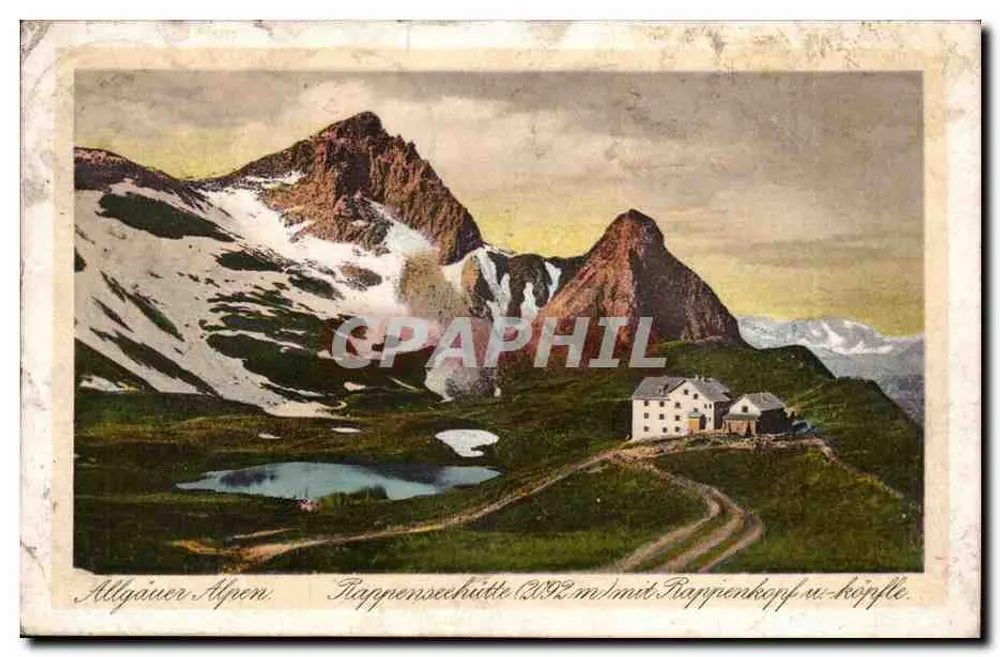 Allgäuer Alpen — Rappenseehütte (2092 m) mit Rappenkopf u. Köpfle — Obwalden, Kunstverlag & Co. - Frente