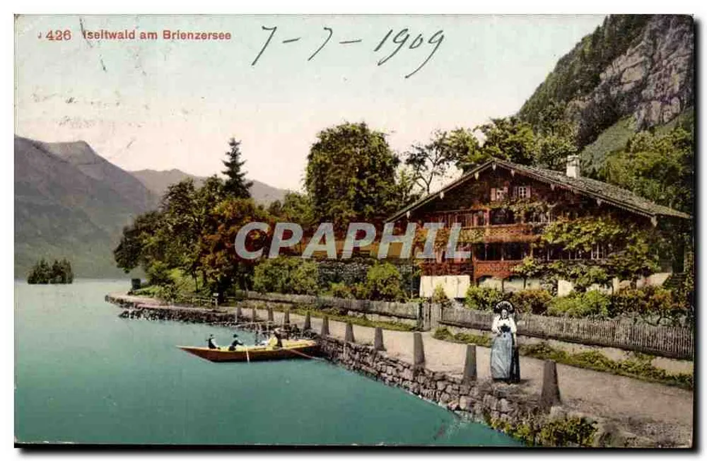 Iseltwald am Brienzsee — vista do lago com casa e barco — Edição Photocolor, Zürich, n° 426 - Frente