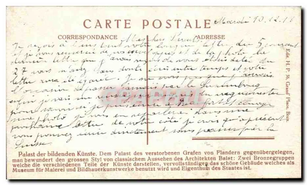 Brüssel. Palast der Schönen Künste — Verlag H. P. 36, Grand-Place - Rückseite