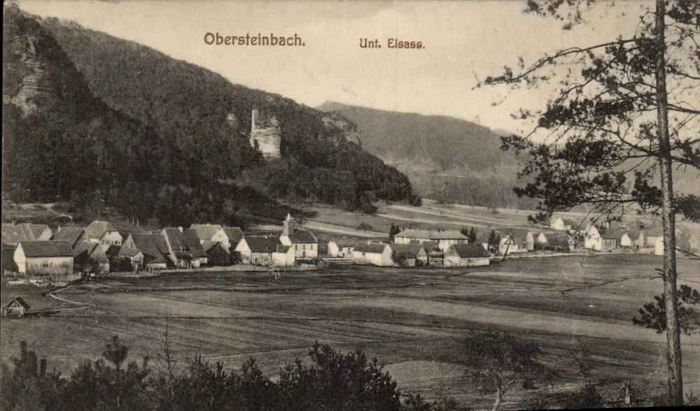 Obersteinbach — vista do vilarejo e do castelo — editor Emil Hartmann, Strasbourg L.F. - Frente