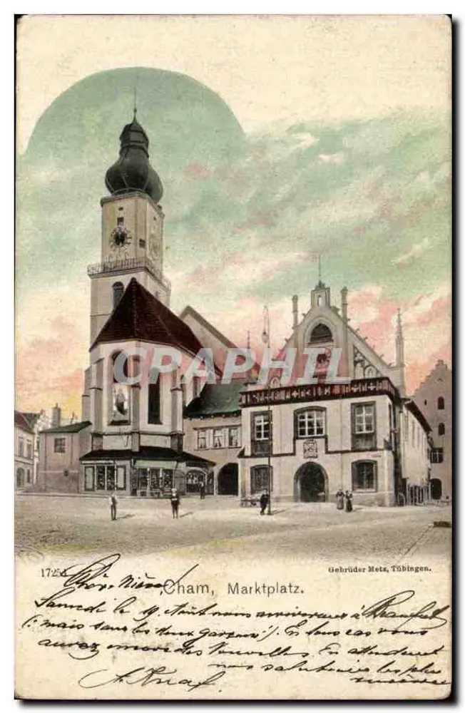 Cham, Piazza del mercato — chiesa e municipio — Gehrbrüder Motz, Tübingen - Recto