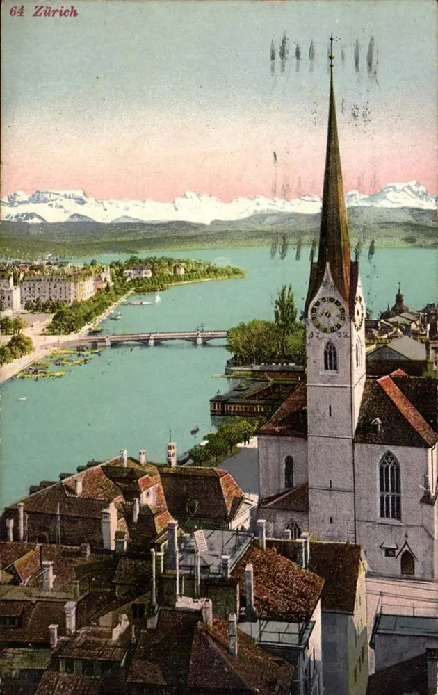 Zurich — vista panorâmica com igreja e lago — Photo- und Karte-Centrale, Zürich, n°64 - Frente