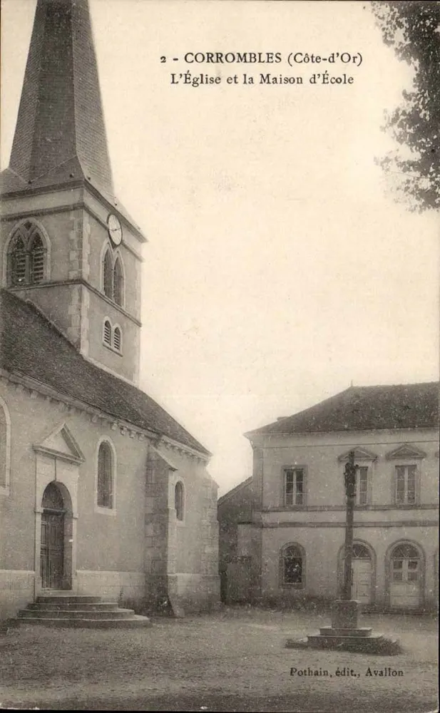 Corrombles (Côte-d'Or) — A Igreja e a Casa da Escola — Pothain, editor, Avallon - Frente