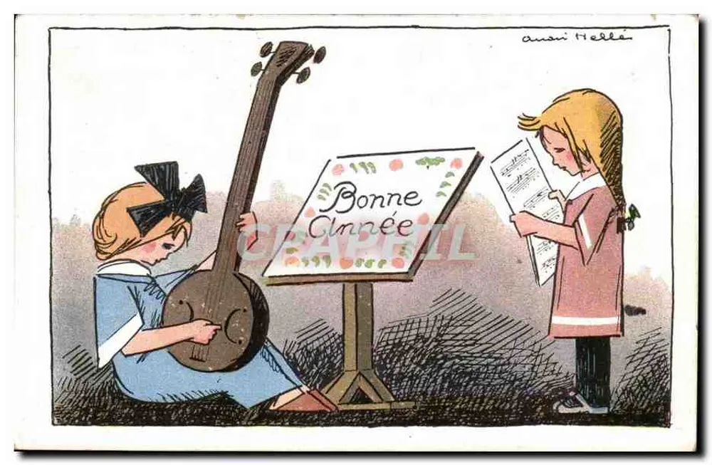 Zwei Kinder mit Mandoline — Frohe Weihnachten — André Hellé, Nr. 514 - Vorderseite