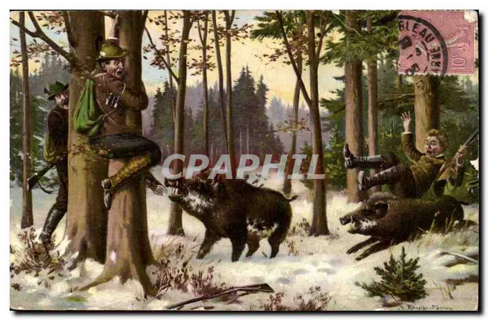 Caçadores na floresta — dois javalis atacam — editor R.P. Éditeurs, Paris, série 739 - Frente