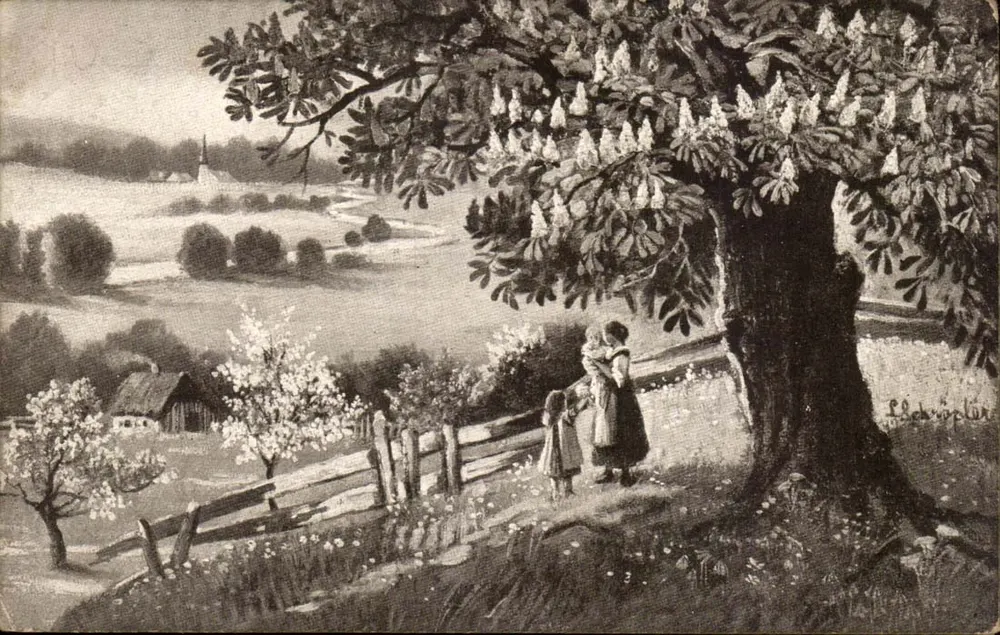 Frau und Kind unter einem blühenden Kastanienbaum — ländliches Panorama — L. Schrögler - Vorderseite