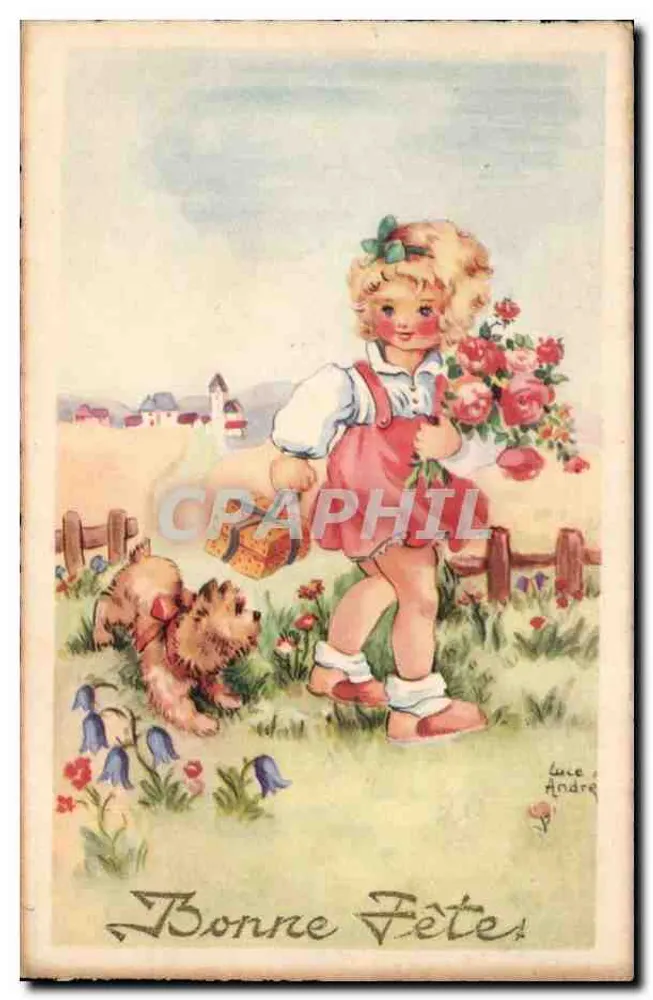 Mädchen mit Hund und Blumenstrauß — Éditions Superluxe-Paris — Seriennummer nicht sichtbar - Vorderseite